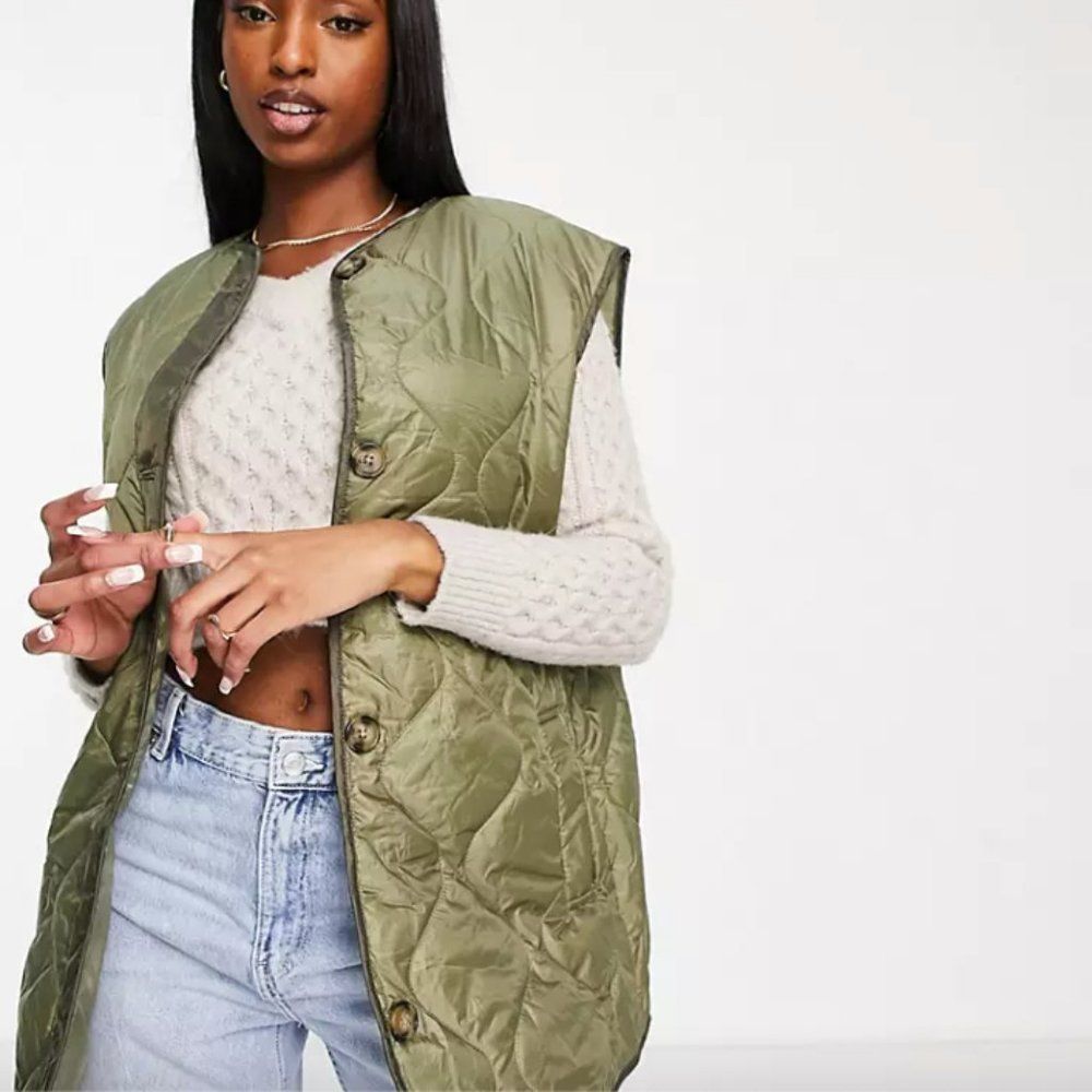 NWT ASOS olive army green onion quilted oversized cozy lightweight layer vest